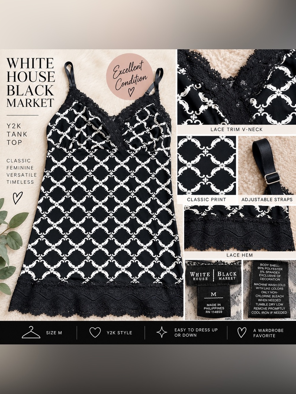 Y2K White House Black Market Black & White Lace-Trim V-Neck Camisole